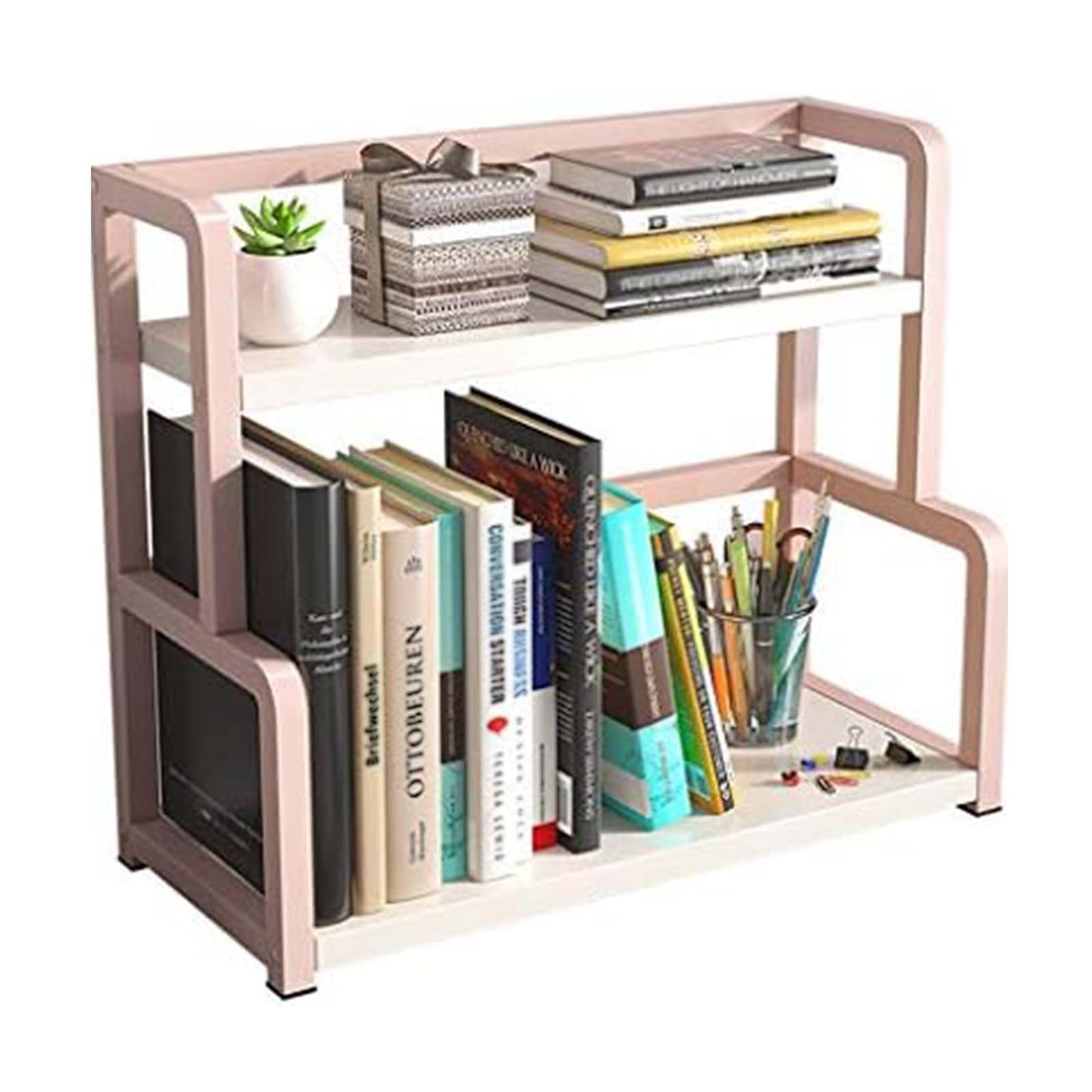 Guoddm Pink Desktop Bookshelf Storage Organizer, Office Desk Bookshelf, Desktop Bookshelf Organizer For Office Supplies And Decor, Space-Saving Storage Solution(,35Cm)