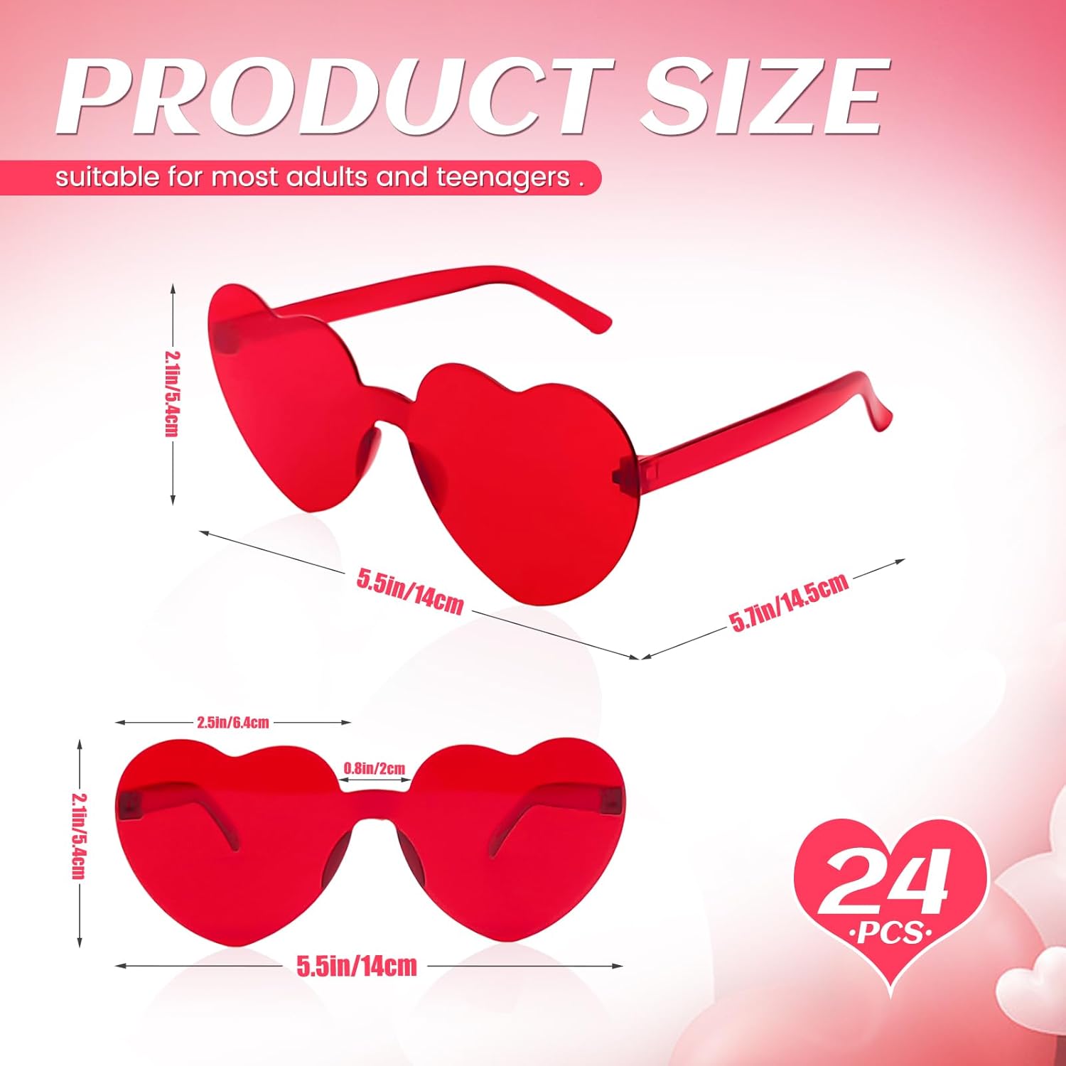 24 Pack Heart Shaped Sunglasses,Valentine's Day Red Glasses,Women Rimless Heart Glasses for Valentine,Prop,Party Favors Bulk Mardi Gras Candy Color Sunglasses - Image 2