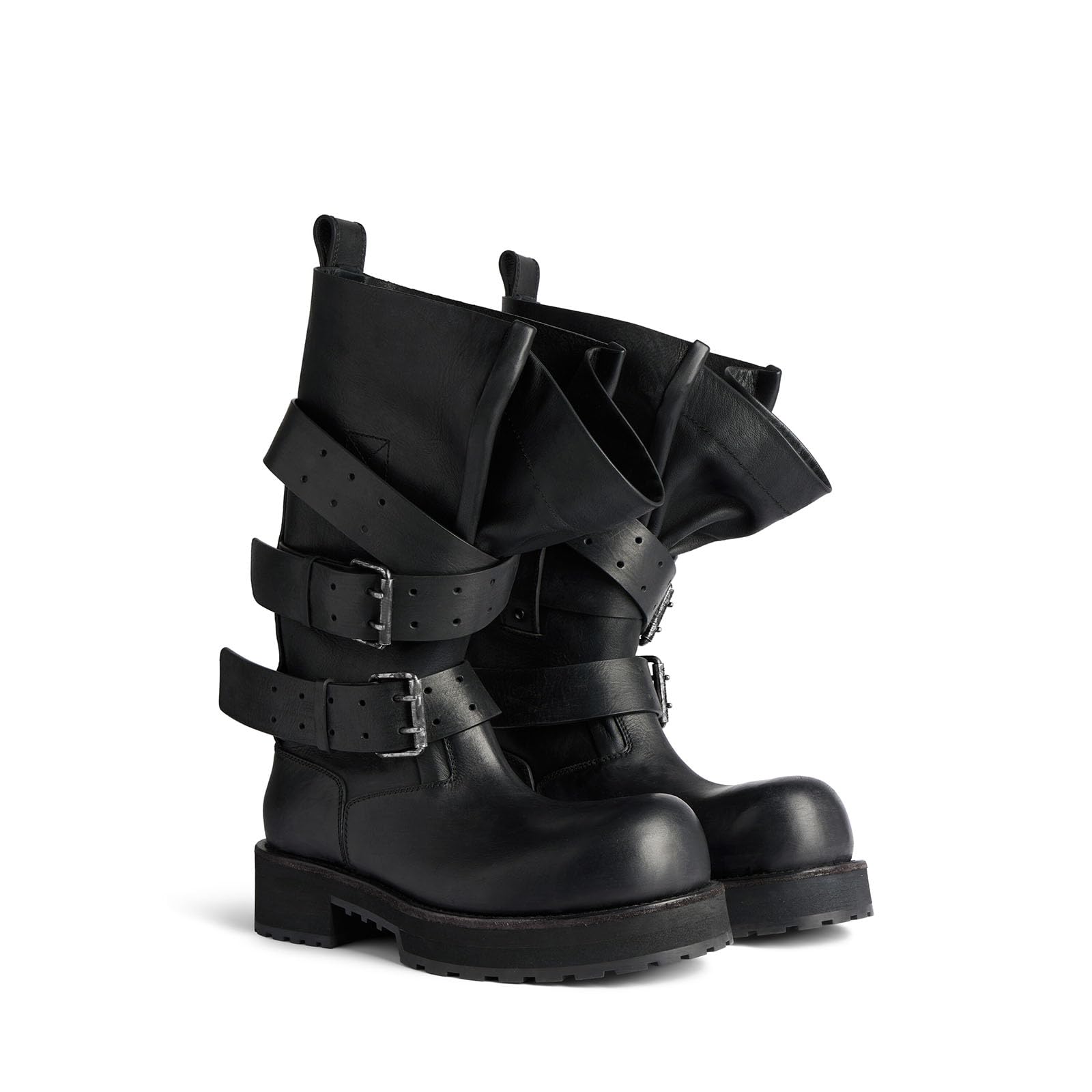 Black Womens Knee High Boots Pull On Wide Calf Riding Fashion Buckles Chunky Low Hee Buckle Moto Biker