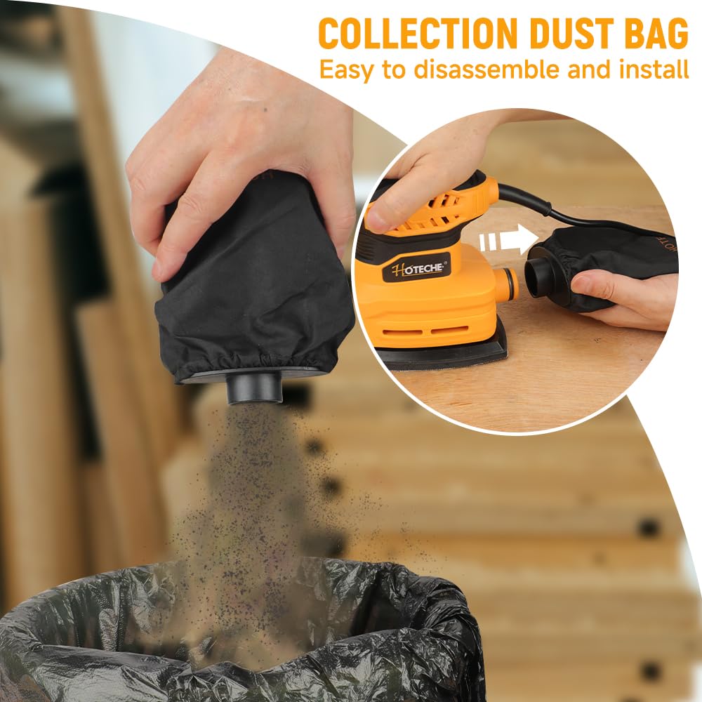 Hoteche Ponceuse delta 160 W - Puissante ponceuse pour bois, meubles et bricolage - 13000 tr/min - Auto-aspiration - Plaque 140 x 140 x 80 mm - Avec brosses en carbone - 5 feuilles abrasives et sac à