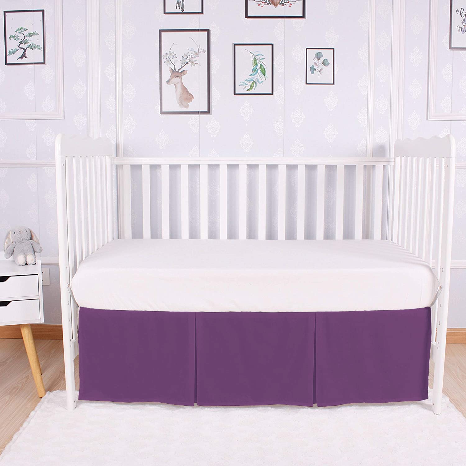 Box Pleated Crib Bed Skirt Premium 100% Cotton 800 Thread Count Nursery Crib Toddler Bedding Crib Bedskirt for Baby Boys or Baby Girls, (28" x 52") + 16" Drop Lenght - Plum Solid