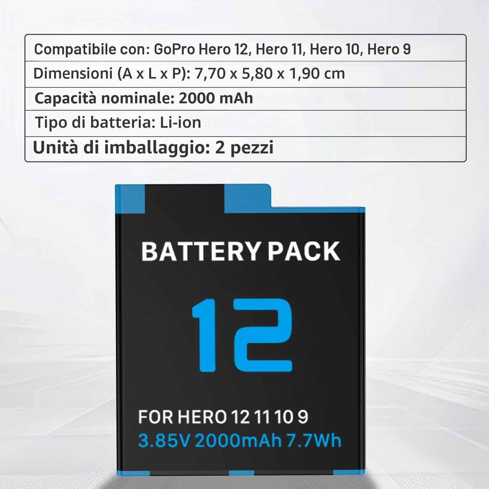 1 Confezione Batteria di Ricambio 2000mAh per Fotocamere d'Azione GoPro Hero 9/10/11/12 Nero Sostituisce Batteria Modello AHBDT-901D