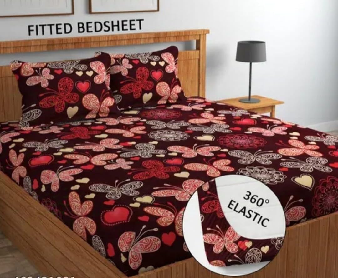 Premium Cotton-Blend Elastic Fitted Bedsheet with 2 Pillow Covers for Double Bed with All Around Elastic 232 TC Supersoft | Size - 72x78 Fit Upto 6 Inches Mattress Color Maroon Butterfly-picture-30