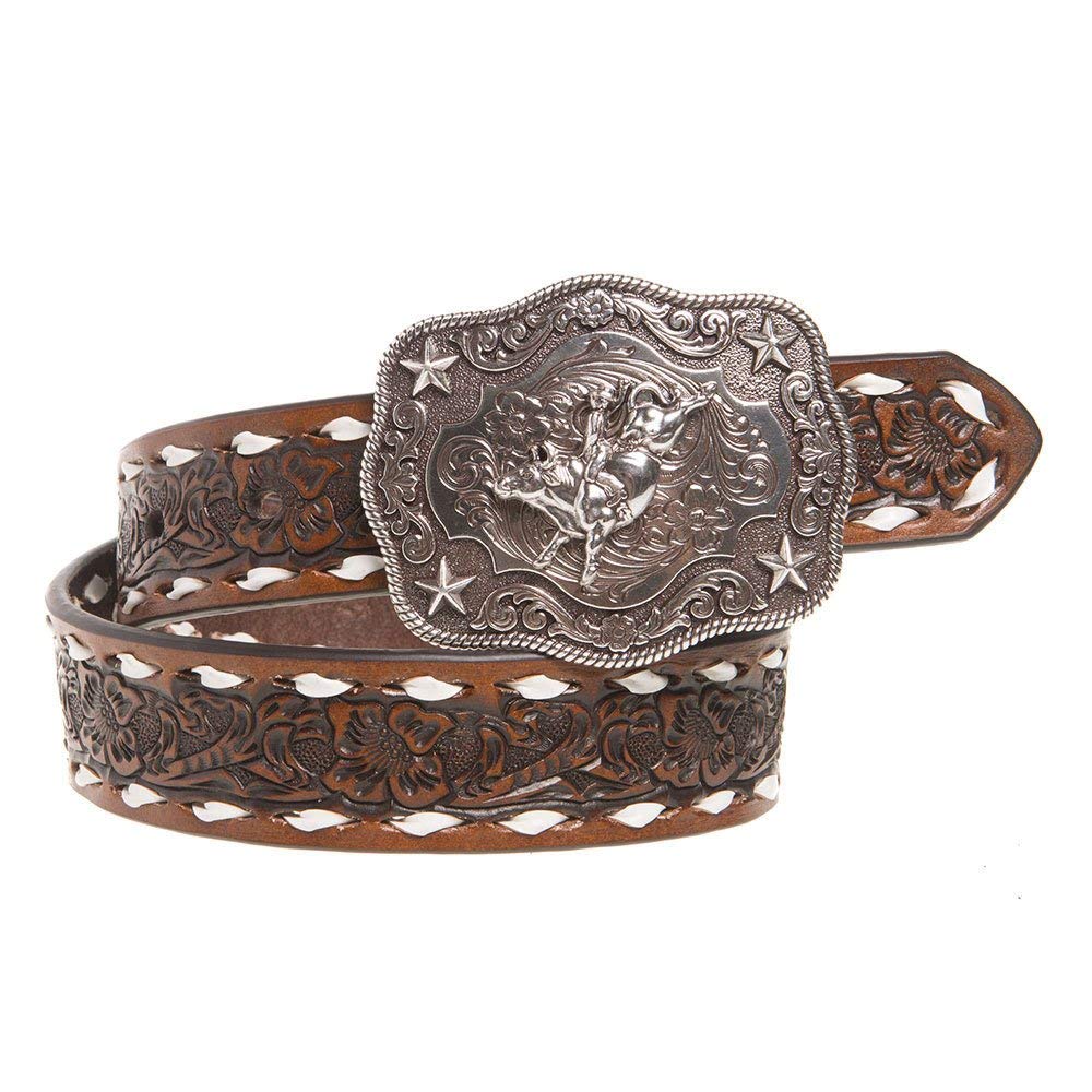 Nocona Boots Mf Western Products Boys Brown Floral Tooled Belt with Buckstitching and Buckle