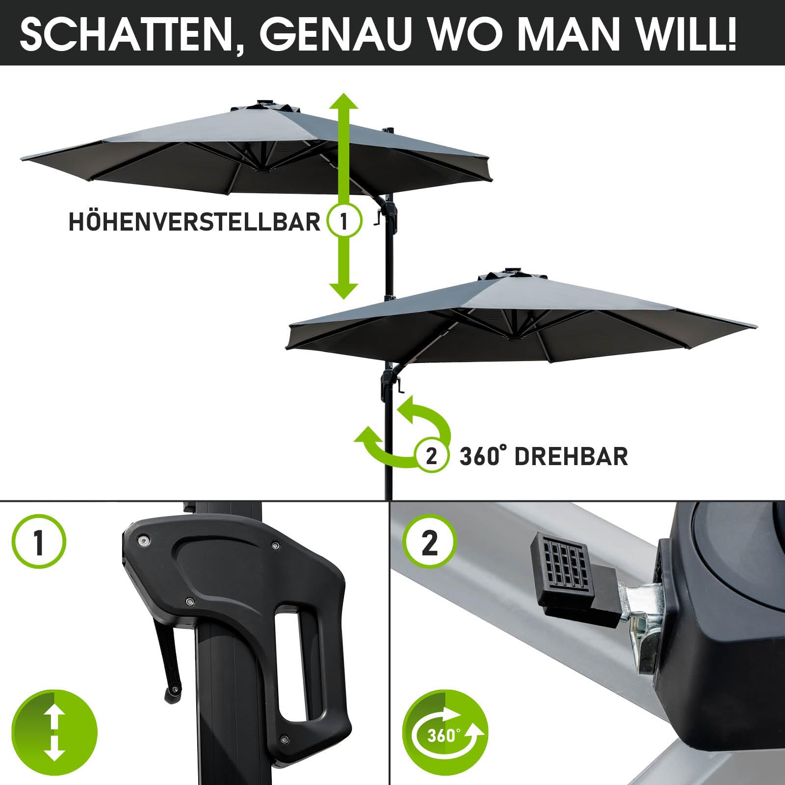 BRAST Alu Sonnenschirm Ampelschirm | Ø300cm Grau | TÜV geprüft | viele Modelle | Schützhülle | UV-Schutz 50+ | wasserabweisend | drehbar & höhenverstellbar