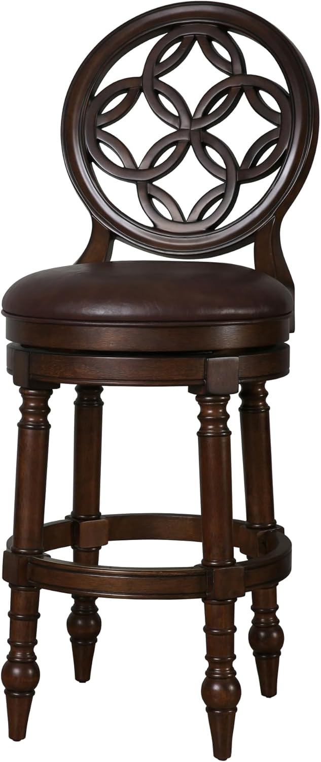 New Ridge Home Goods Tiffany 31" Wood Bar Stool with Back and Swivel Upholstered Seat, Distressed Walnut