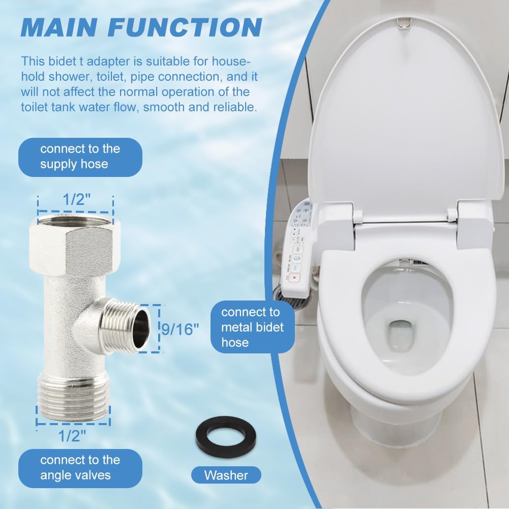 Bidet T Adapter, 3 Way Adapter or Tee Connector (Thread Size 1/2″ x 1/2″ x 9/16″), Bidet Attachment for Toilet (1/2inch)