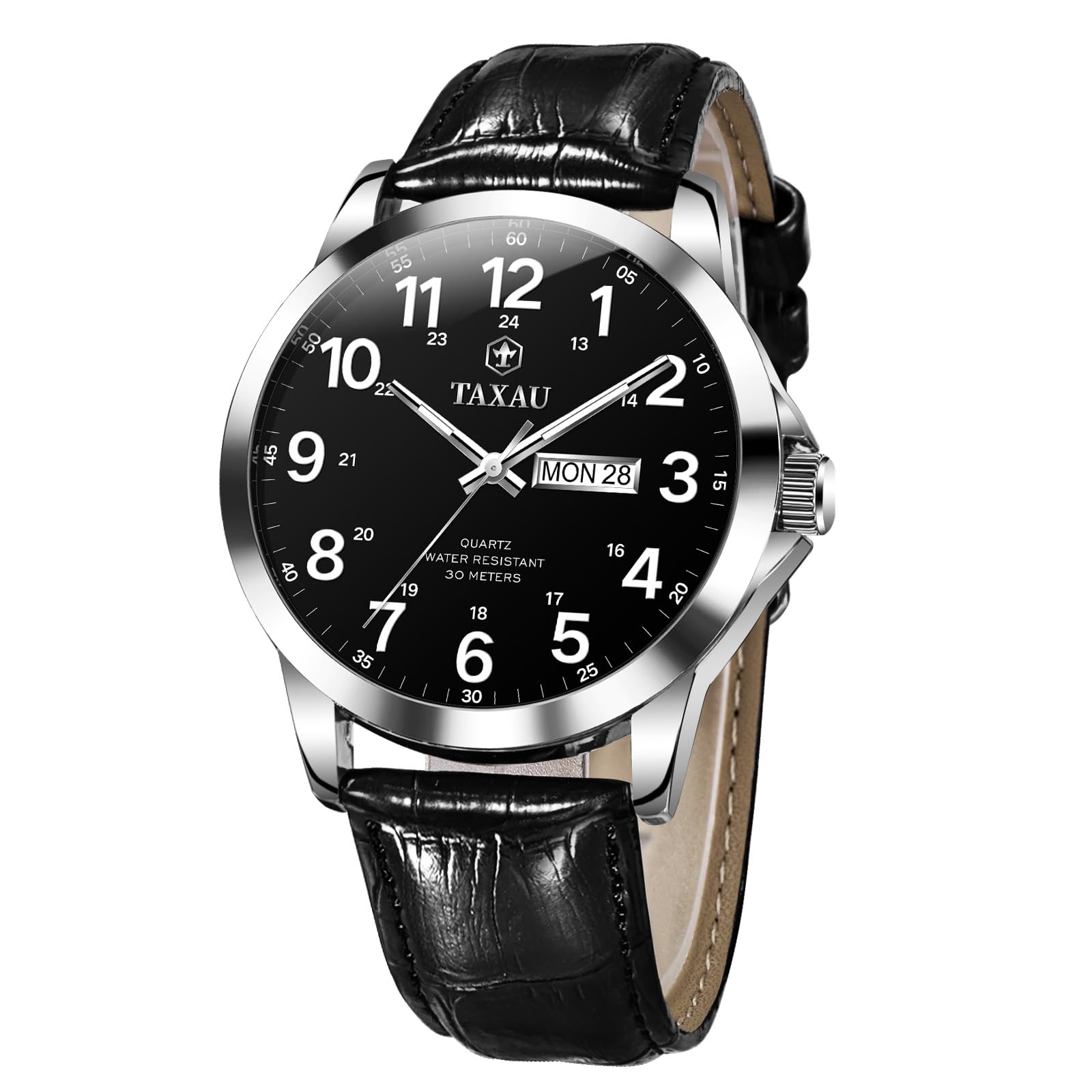 Taxau - Herren wasserdichte Uhr Leder - Leuchtende Herren Uhr Zifferblatt - Datum Geschäftsuhren Freizeit