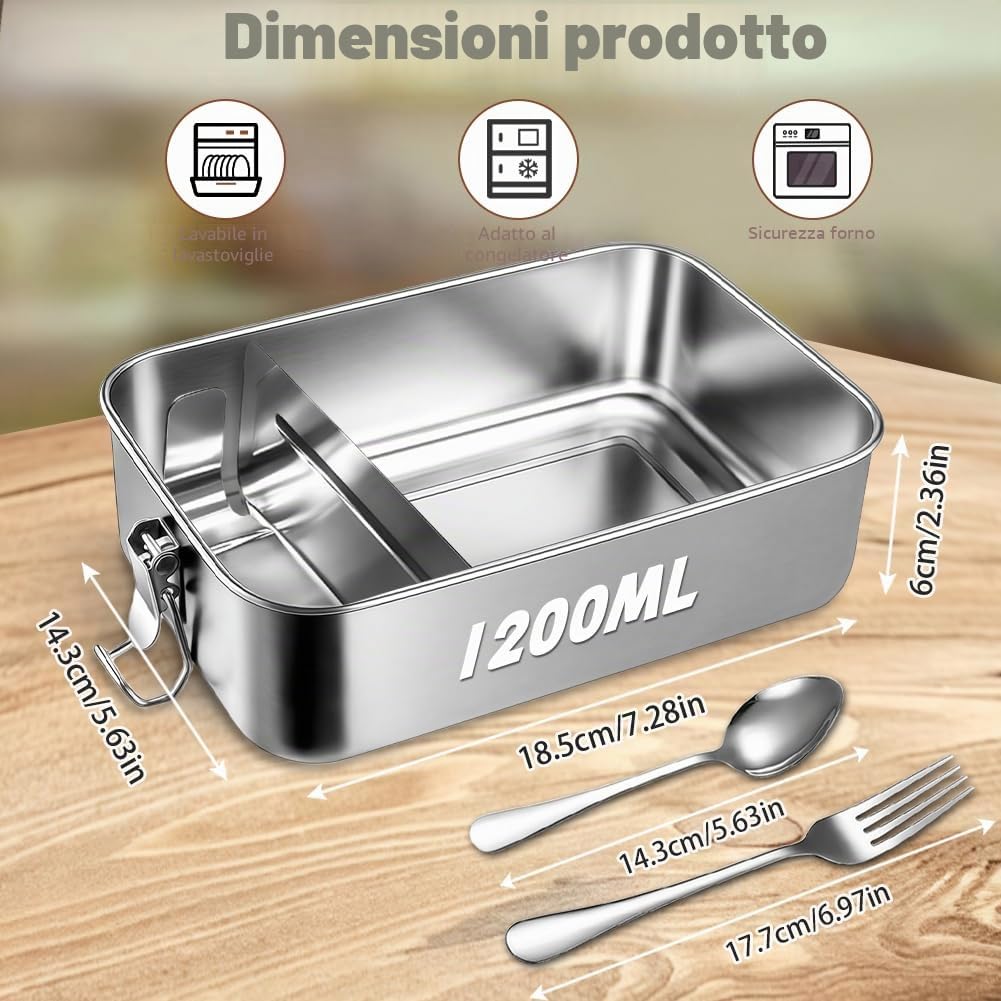 Contenitore per Il Pranzo in Acciaio Inox, Porta Pranzo in Acciaio con 2 Scomparti 1200ml, Senza BPA, Bento Lunchbox Prova di Perdite per Adulti e Bambini