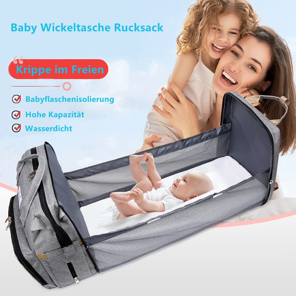 Sac à Dos à Langer pour Bébé,Sac de Voyage avec Lit de Bébé Portable,Grande Capacité Sac à Couches Multifonction Imperméable,2 Sangles de Poussette,pour Biberon Sac à Dos (Gris)