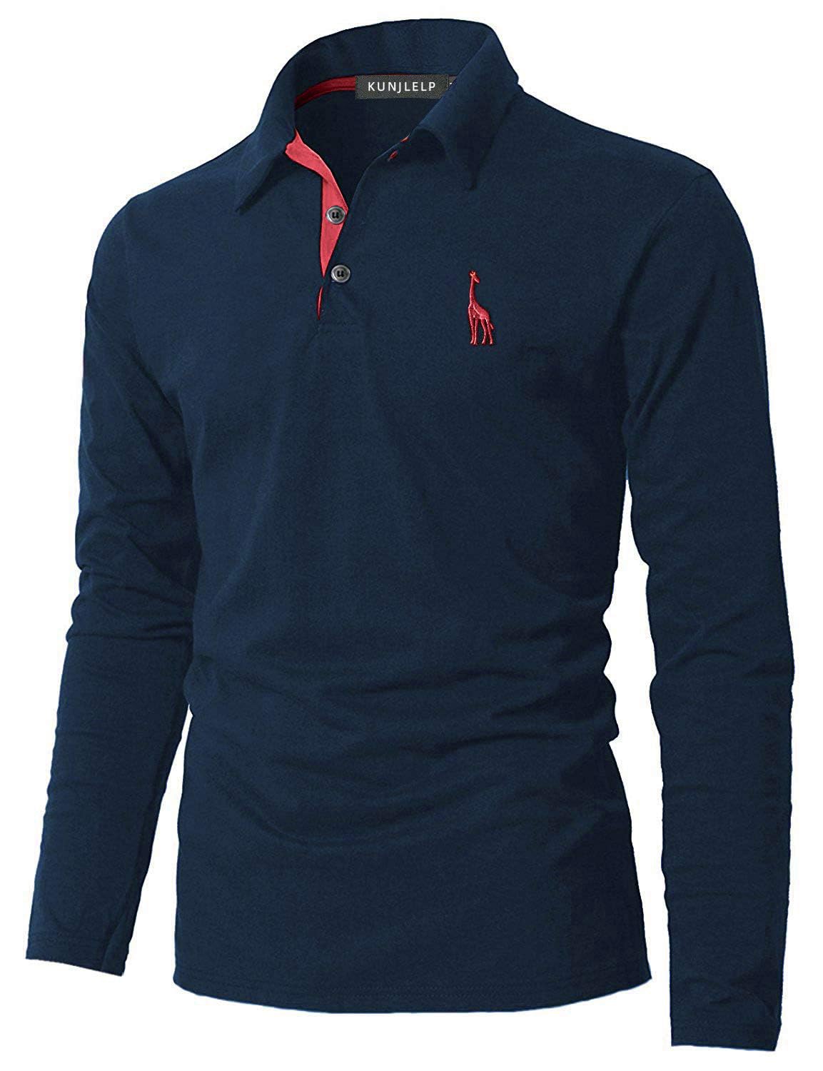 KUNJLELP 100% Cotone Polo da Uomo Manica Lunga Ricamo di Giraffa Maglietta Uniformi Polo da Lavoro per l'autunno e l'inverno