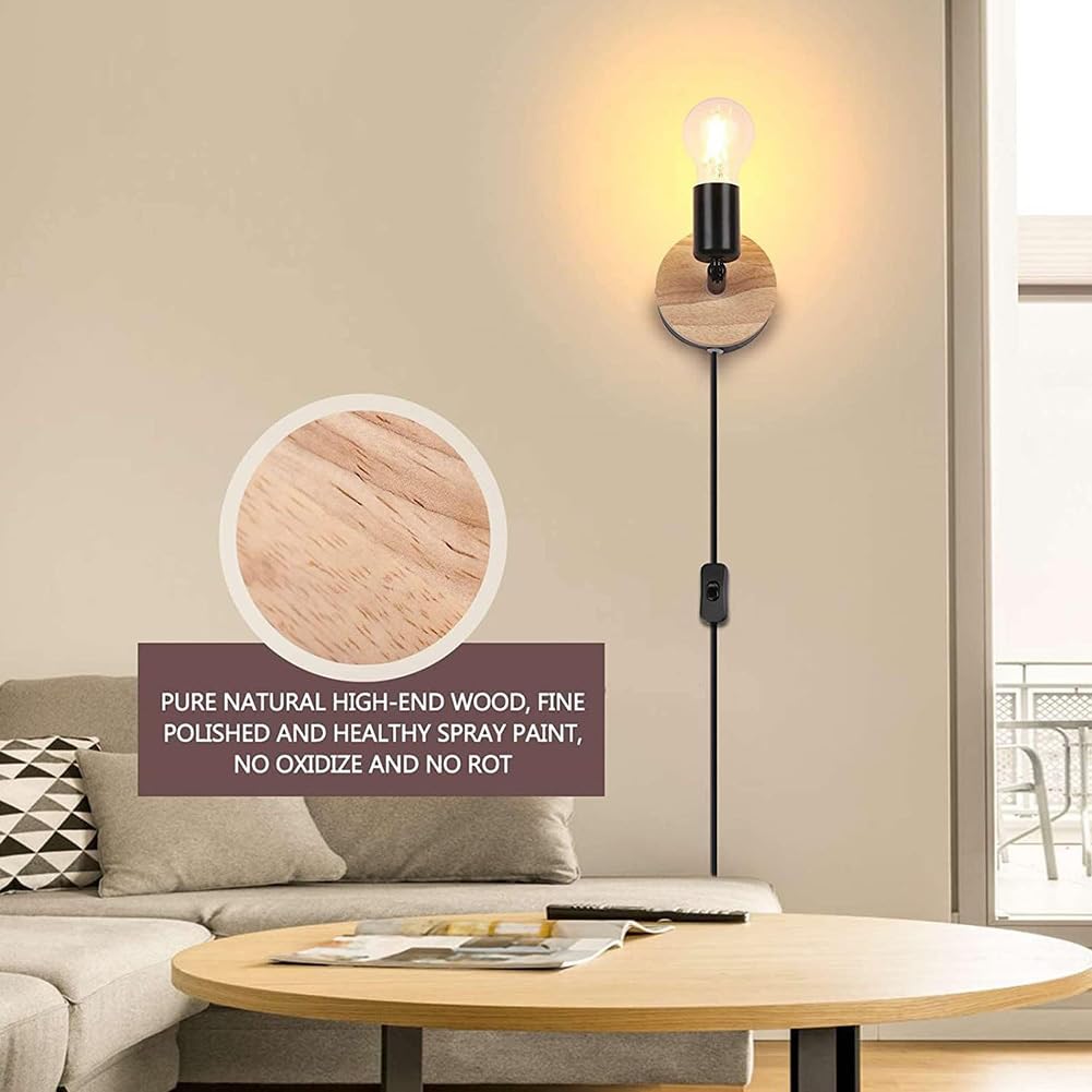 ZBZFGE Vintage Wandlampe Innen mit Schalter und Stecker Wandleuchte 360°+90° drehbar Holz Wandstrahler Schwarz Retro Industrie Wandbeleuchtung Metall für Schlafzimmer Wohnzimmer Treppenhaus