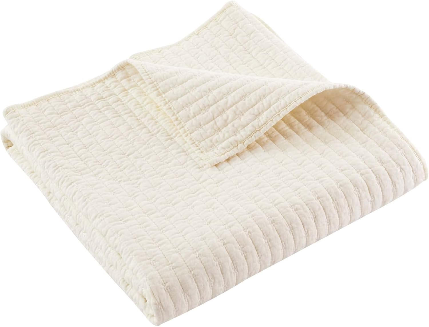 Cream Cotton Reversible Quilted Throw with Cross Stitch