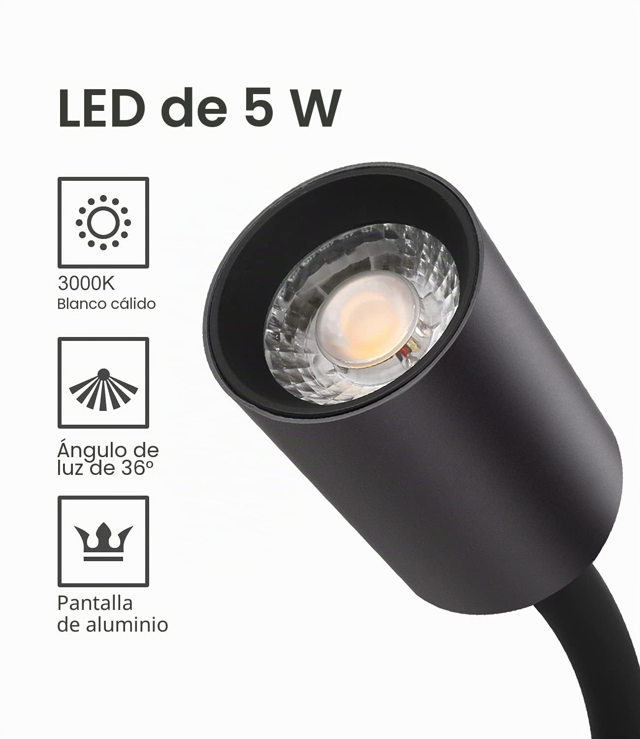 DAWALIGHT Luz Lectura de Cama Interiores Lámpara Pared Con Interruptor 5W 3000K Blanco Cálido LED Regulable para Interiores Estudio Dormitorio Salon Hotel, Aluminio, Negro