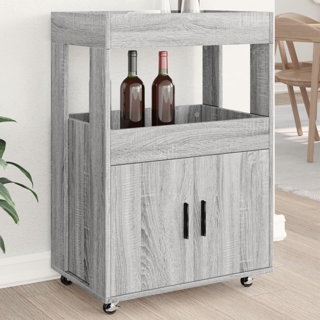 Carro de bar gris Sonoma 60 x 39,5 x 89 cm carrito de cocina con ruedas carro de servicio de madera Carrito auxiliar móvil para salón, cocina, comedor, carrito de té con 2 estantes