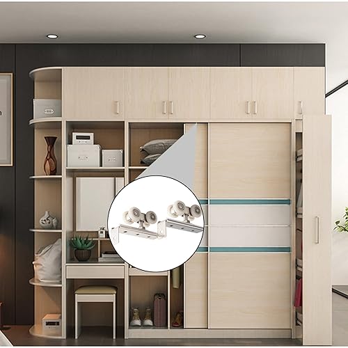 Miniatura 6 de Juego de 2 ruedas de metal con 4 ruedas para puerta corrediza de bolsillo juego de polea de rodamiento de bolas para armario puerta de granero