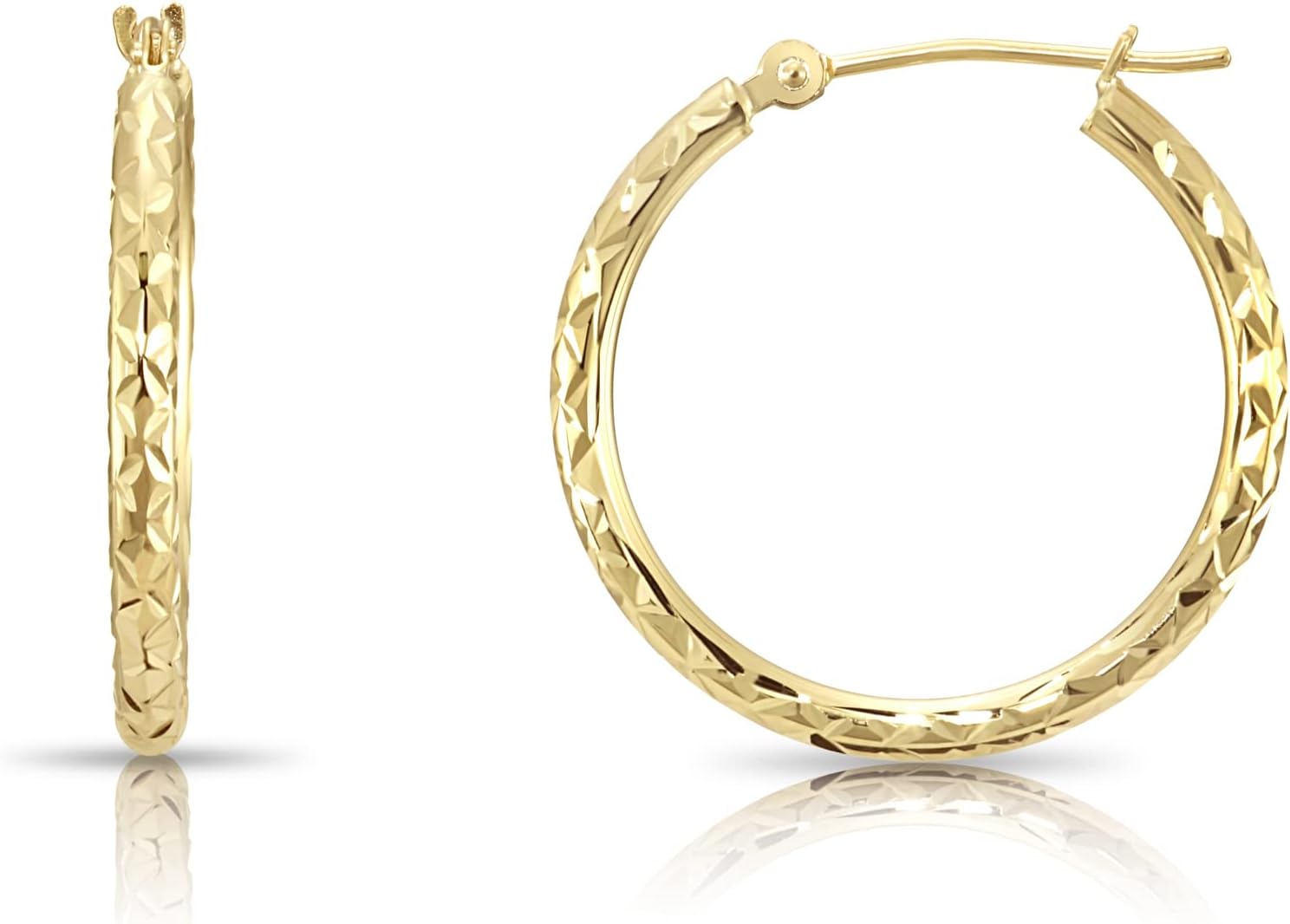 14K Yellow Gold Round Hoop Earrings with X Pattern Diamond-cut Design