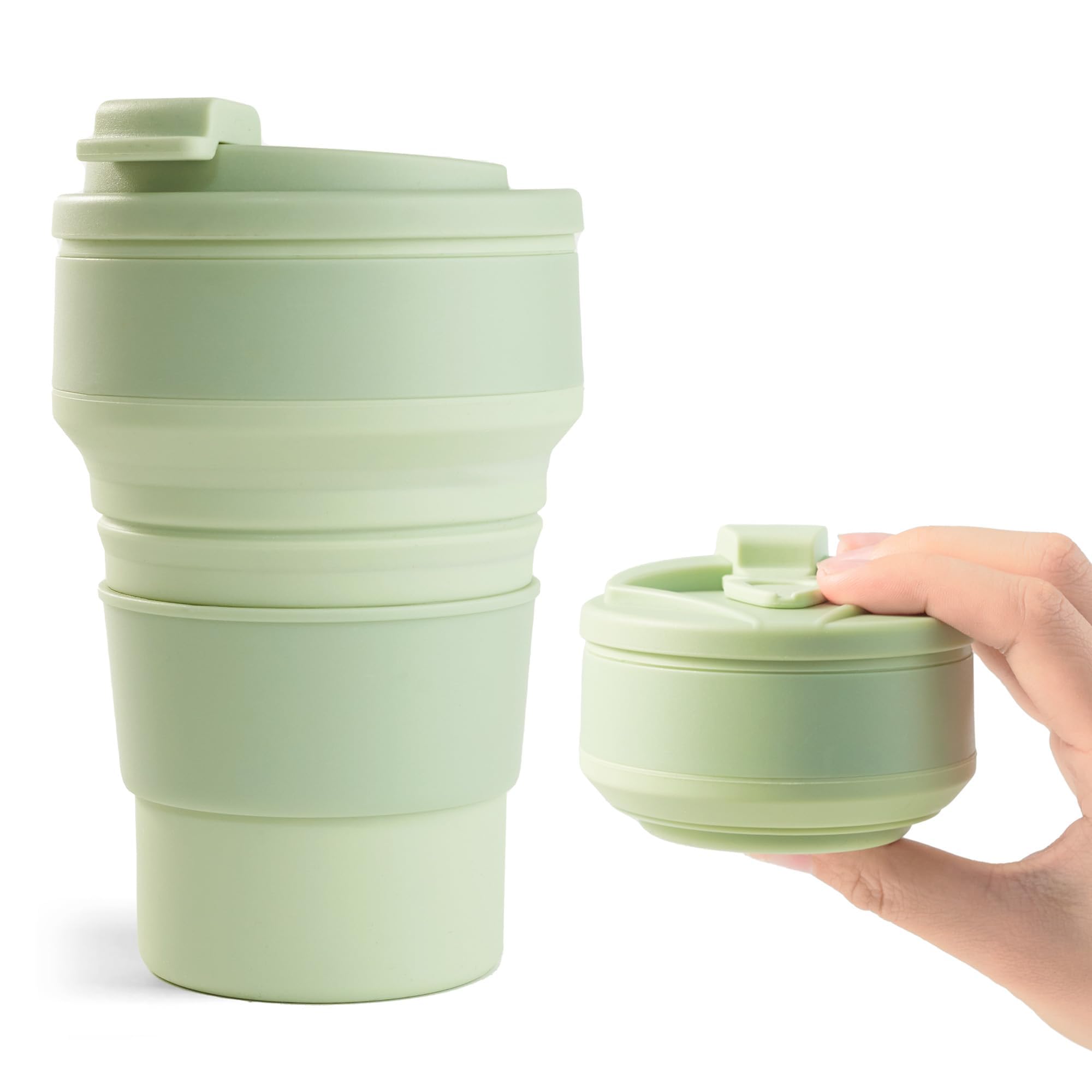[Upgrade] 12oz Collapsible Cup for Traveling, Collapsible Silicone Travel Cup for Hot and Cold Drinks, Leak Proof Silicone Folding Travel Coffee Mug for Camping & Hiking (Green)