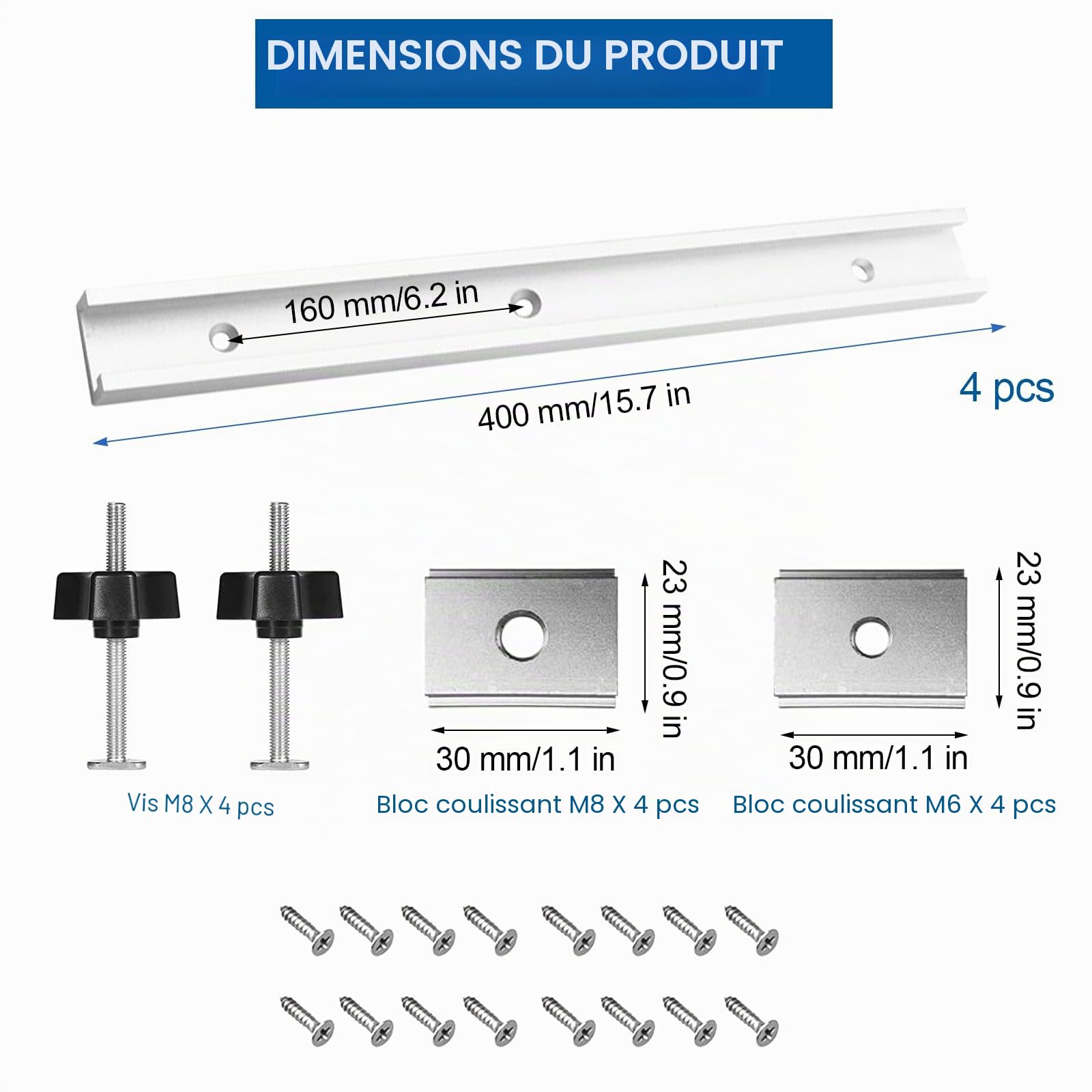 Lot de 4 Rail de Guidage Scie Sur Table, Rails Aluminium T Track de 400 mm, M8, M6 Rail en T Avec Accessoires Complets pour Outil de Travail du Bois