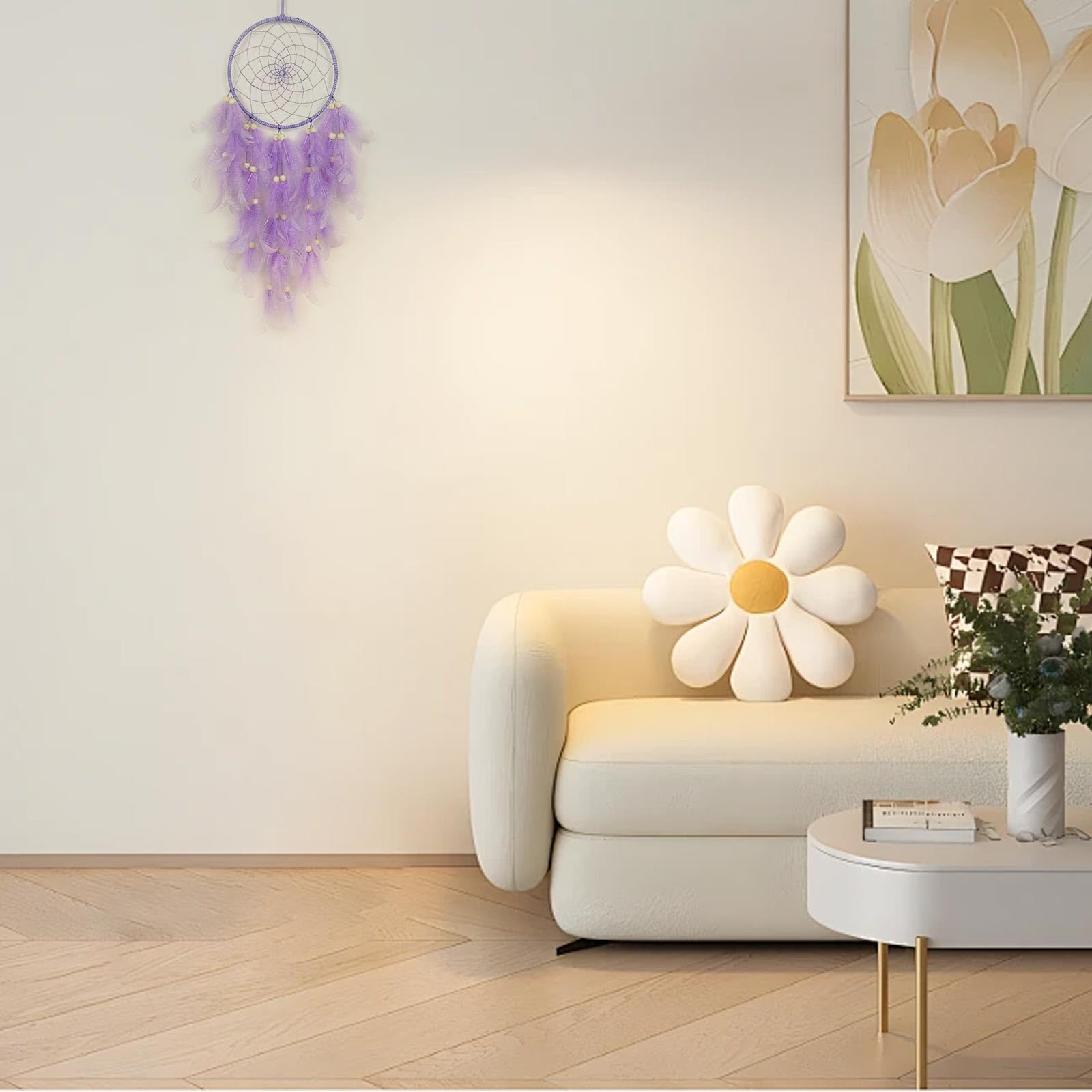 Attrape-rêves en macramé violet avec plumes fait main