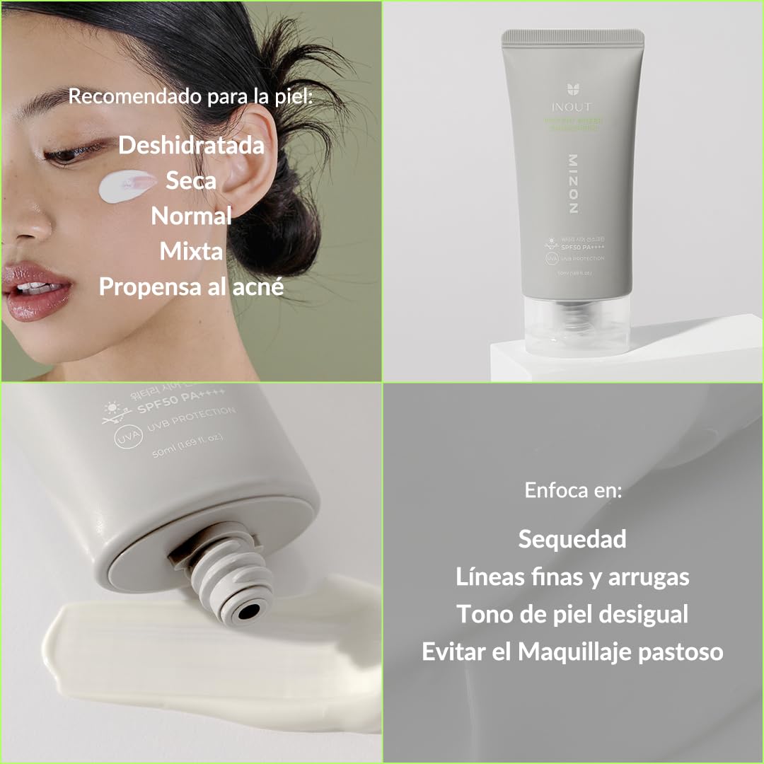 [MIZON] INOUT Watery Sheer Sunscreen SPF50+PA++++ (50ml) Protector Solar Fluido + Cuidado de la Piel Coreano, Protección 24H, Hidratante, Ácido Hialurónico, 100% Vegano — view 10