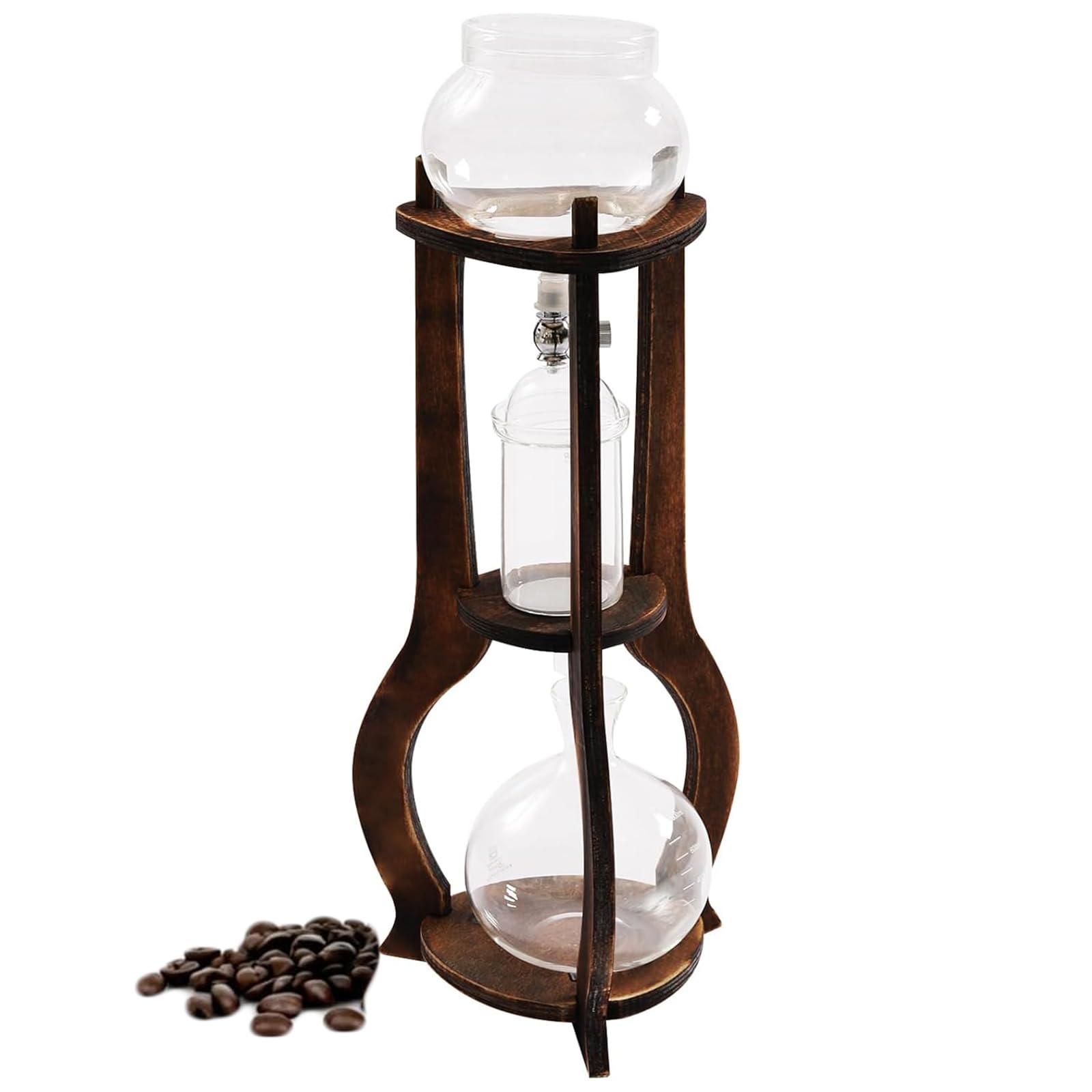 ZephPerton Iced Coffee Cold Brew Drip Tower Coffee Maker, 6–8 Cup Manual Cold Brew Brewer with Adjustable Valve, Solid Wood Frame, Dense Filter Screen, High Borosilicate Glass for Home Office Shop