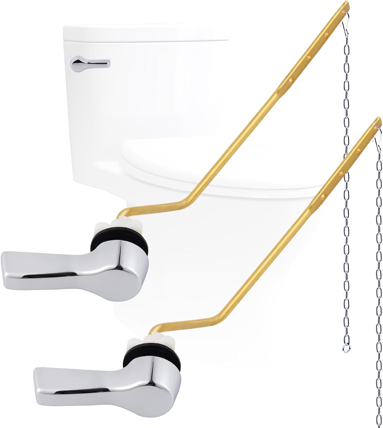 Hygie Rinse Metal Toilet Handle Lever Flush Replacement, 2PCS Universal Side Mount Toilet Handle with Stainless Steel Flapper Chains, Toilet Repair Kit, Chrome 2pcs Chrome