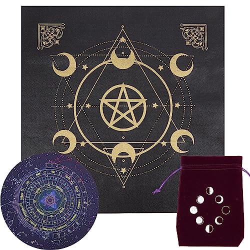 CREATCABIN Pentagram Altar Cloth Kit Tapestry Tablecloth Pendulum Mats Divination Pad Spiritual Cloth With Tarot Card Bag Square Celestial Tarot Witchcraft Supplies Witch Decor for Witch 19.29 Inch