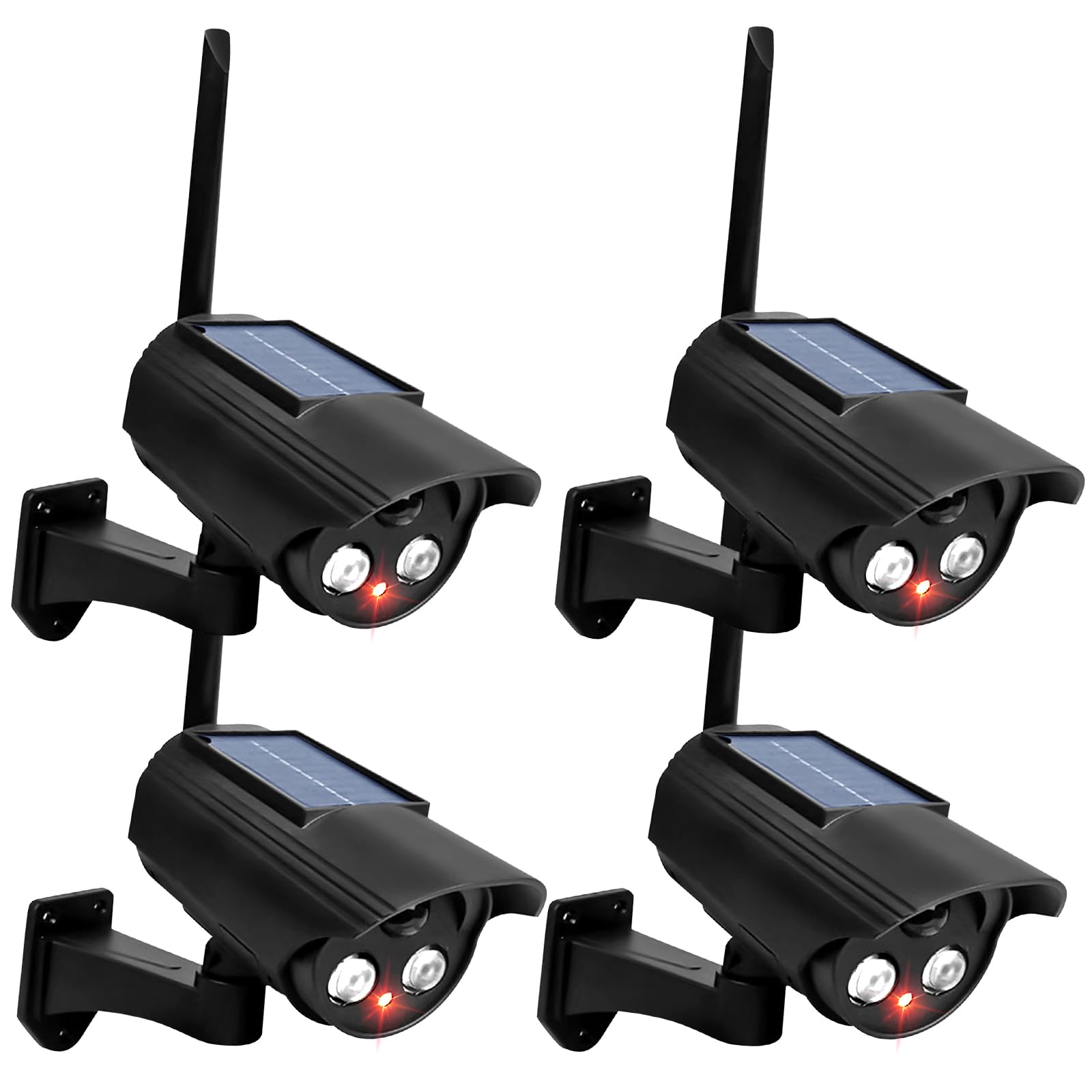 GOMETY 4 piezas de cámara falsa para exterior, cámara solar falsa, cámara de vigilancia falsa con luz LED roja intermitente, cámara de vigilancia falsa para exteriores para garajes, patios traseros
