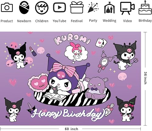 Miniatura 2 de Decoraciones de cumpleaños de fondo kawaii, pancarta de feliz cumpleaños Kawaii para niños, suministros de fiesta de cumpleaños (5 x 3 pies)