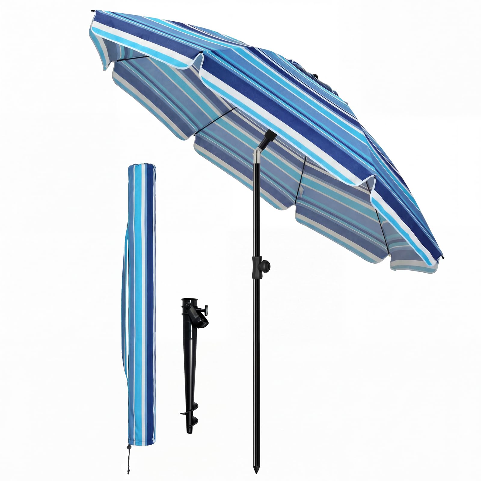VOUNOT® 2m Tilting Garden Parasol with Ground Anchor, Beach Umbrella with Carry Bag, UV 50+, Adjustable Outdoor Parasol for Patio, Deck & Table, Mixed Blue Stripes
