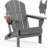 MUCHENGHY Folding Adirondack Chair Gray - Weatherproof HDPE Patio Chair w/ Cup Holder, 380lbs Capacity for Deck, Garden, Fire Pit
