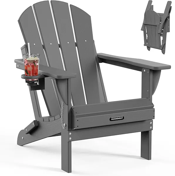 MUCHENGHY Folding Adirondack Chairs, Patio Chairs, Lawn Chairs, Outdoor Chair, Adirondack Chair Plastic, Fire Pit, Weather Resistant with Cup Holder for Deck, Backyard, Garden(Gray)