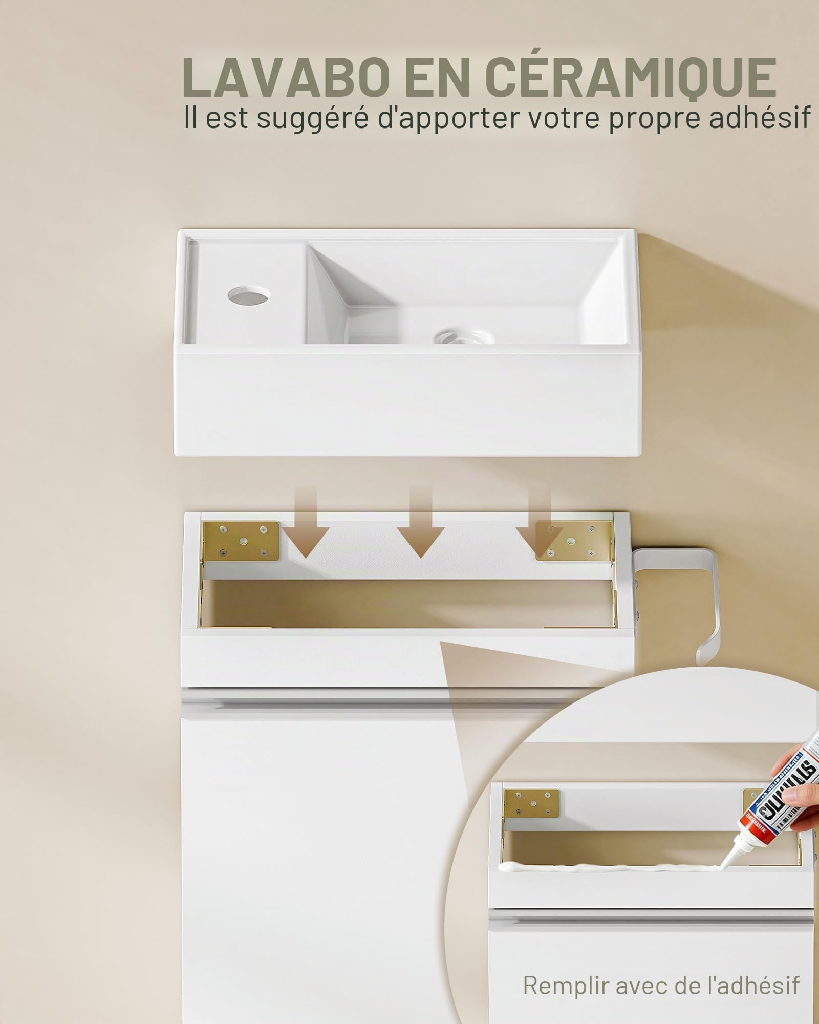 Hzuaneri Meuble Lavabo Suspendu, Lavabo en Céramique, Meuble de Salle de Bain, 1 Porte-Serviettes, 1 Grande Armoire de Rangement, Étagère Réglable, 22 x 40 x 55 cm, Blanc, BC40003X