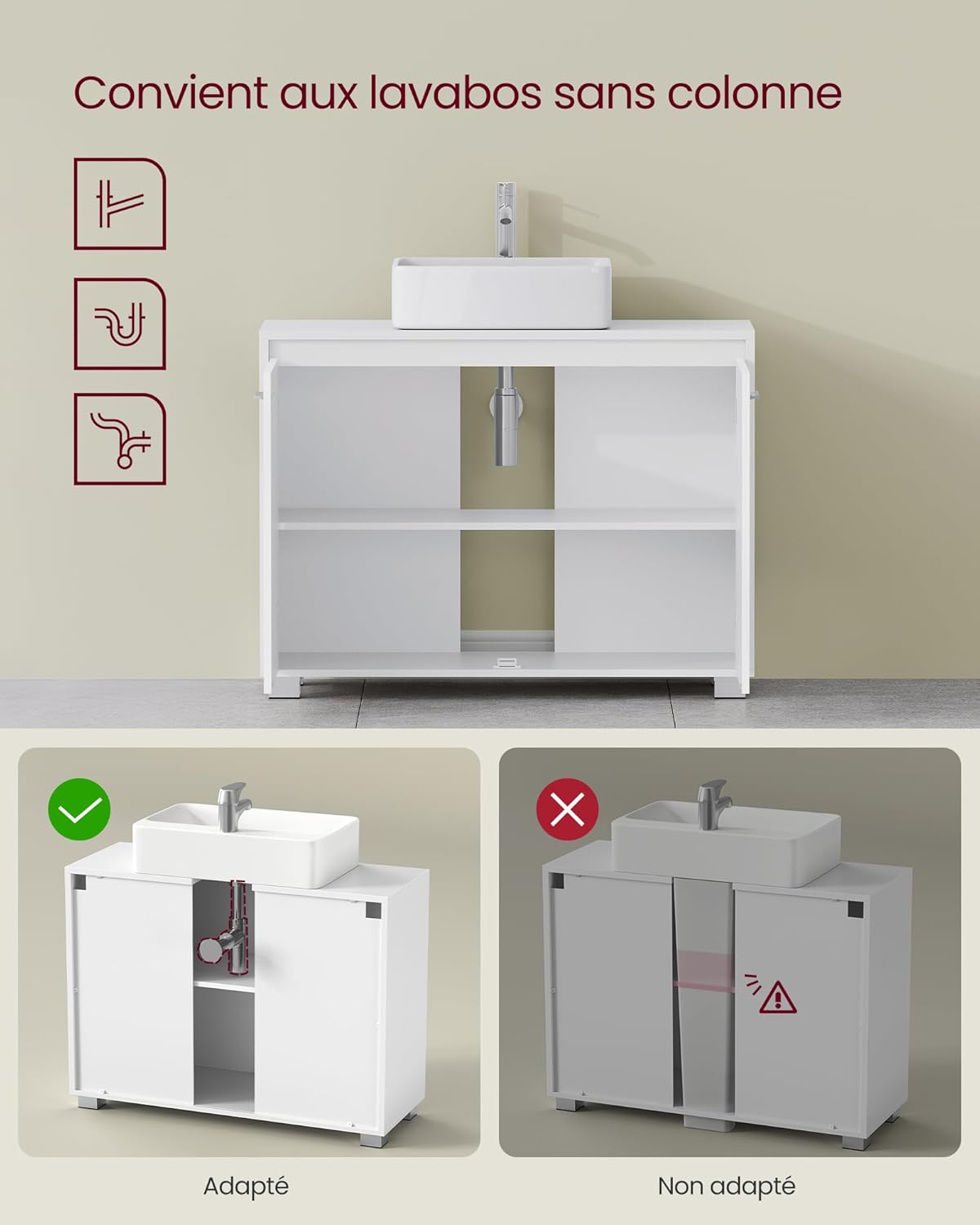 Diagram showing compatible and incompatible sink types for the under-sink cabinet
