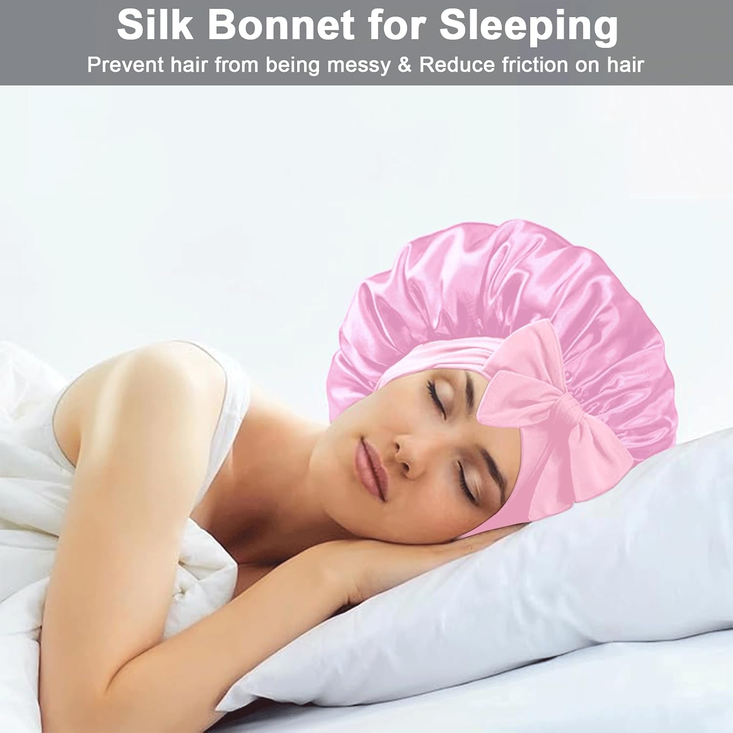 2Pcs Satin Silk Hair Bonnet for Sleeping Women,Large Bonnets with Elastic Wide Tie Band Silk Sleep Cap,Hair Wrap Night Cap with Adjustable Straps for Black Women Curly Hairs Jumbo Bonnet Braid - Pink