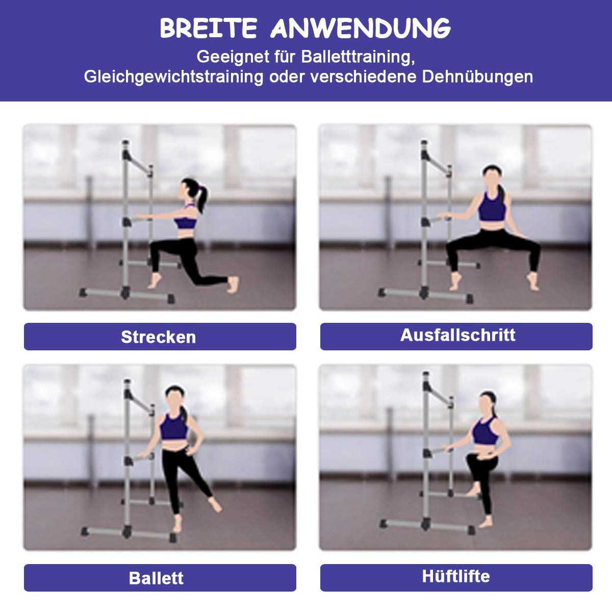 COSTWAY Ballettstange freistehend, Ballet Bar höhenverstellbar, Ballett Barre aus Eisen, Stretch Barre bis 50KG belastbar, ideal für Kinder und Erwachsene