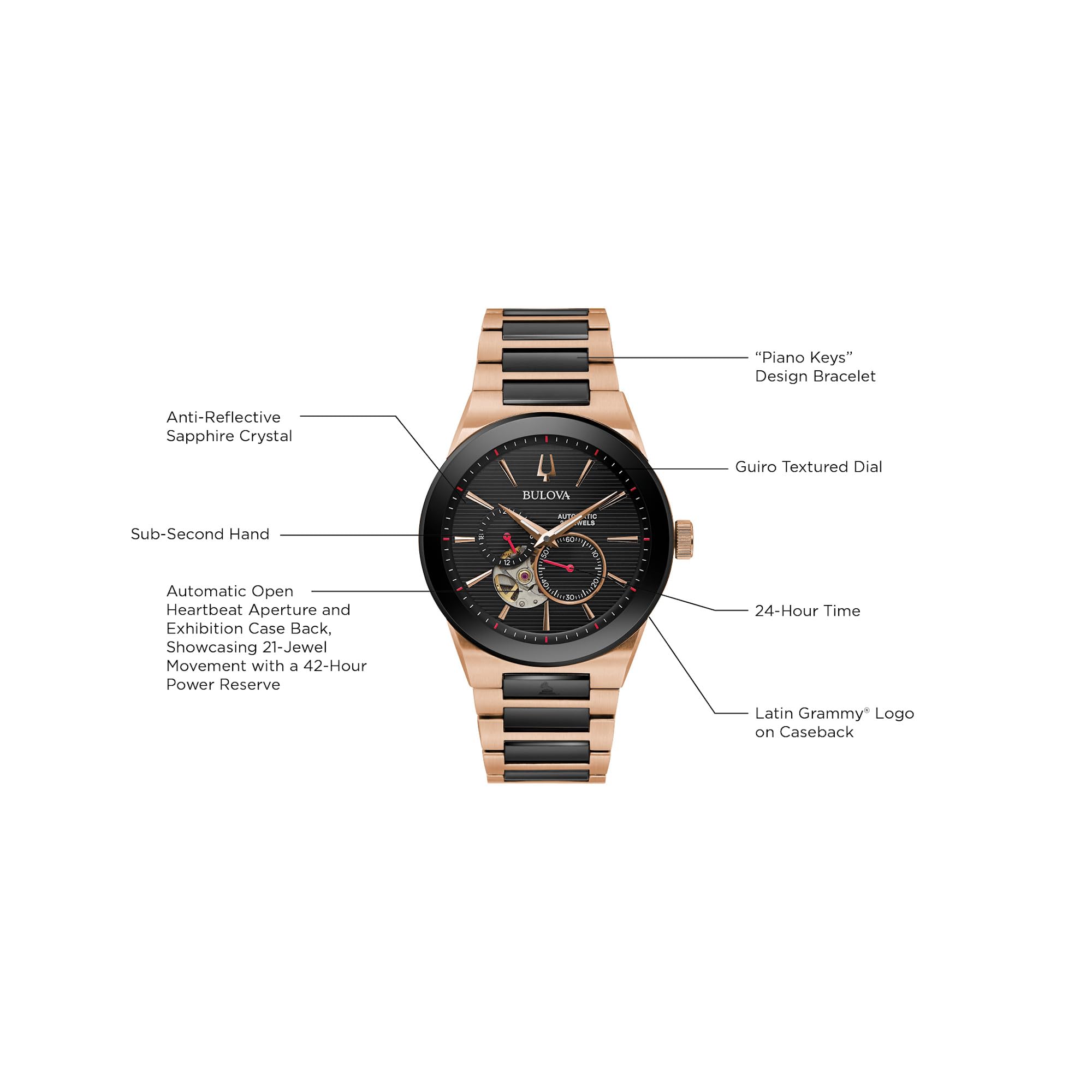 Bulova 98A236 Reloj automático de acero inoxidable de dos tonos con grammy latino para hombre