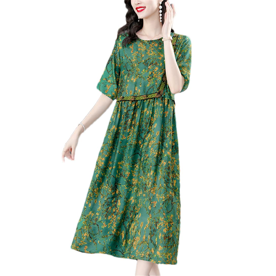 Adhdyuud Vestido de seda natural para mujer, elegante, cuello redondo, manga corta, suelto, con lazo, acampanado, vintage, midi