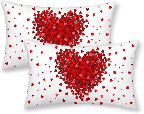 AEIOAE Juego de 2 fundas de almohada de San Valentín de 12 x 20 pulgadas, almohadas de corazón rojo de amor de algodón para decoración del día de