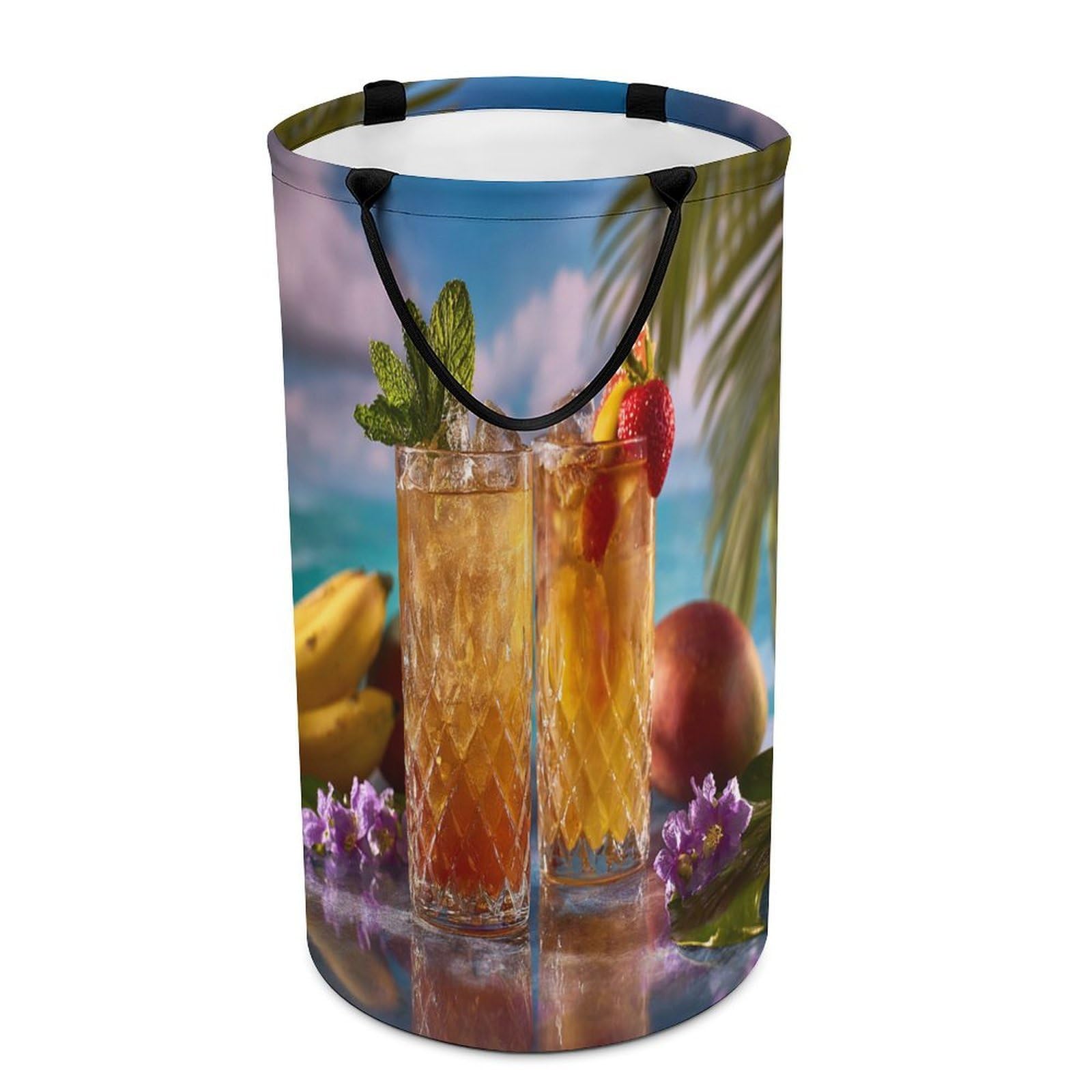 LUYYSKY Beautiful Realistic Tropical Fruit Collapsible Dirty Clothes Basket, Classic Colorful Ocean Seaside Beach Plant Palm Trees Portable Clothes Storage Laundry Basket-40 CM Dia, 69 CM High