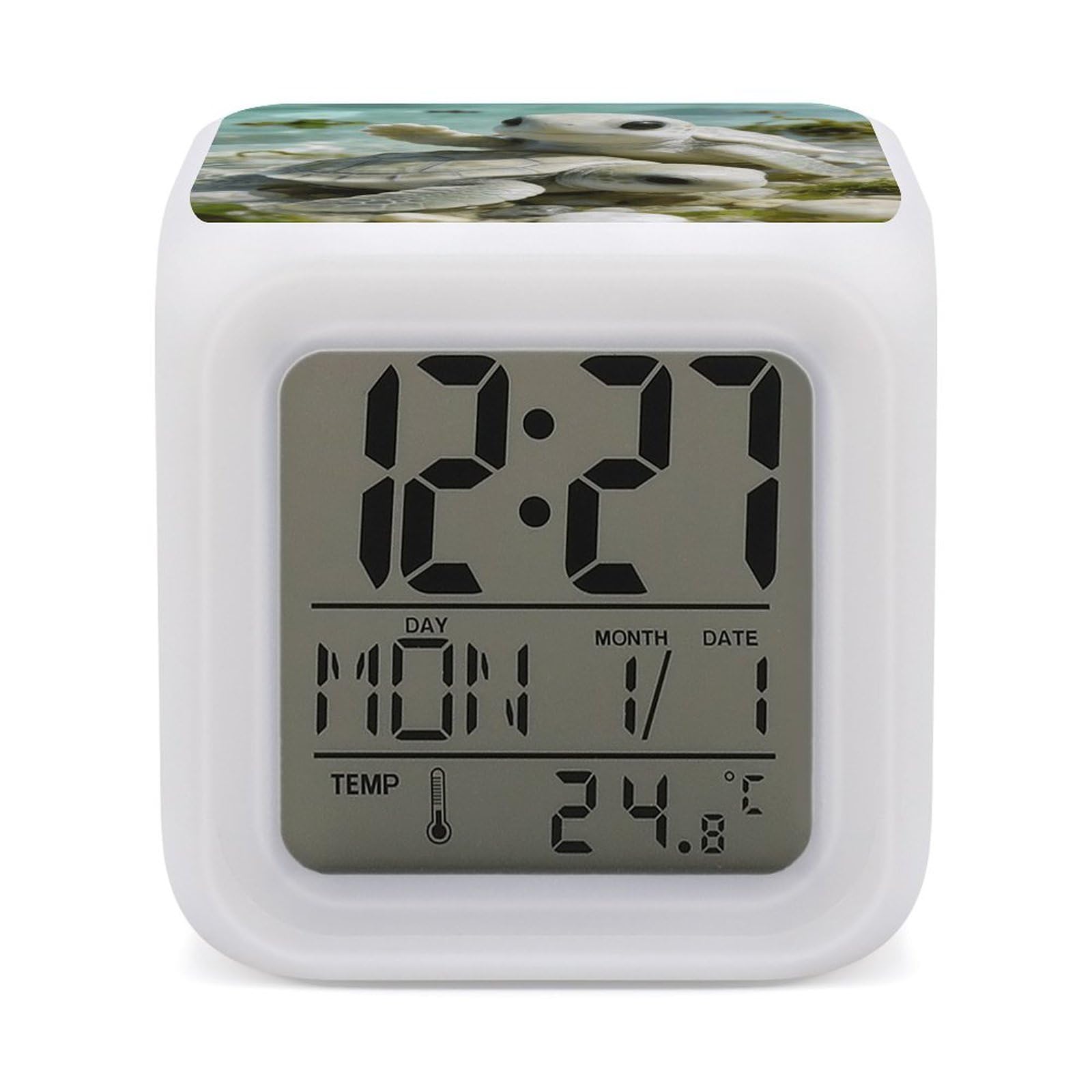 LZQPOEAS Shallow Beach Encounter Alarm Clock with 7 Color Changing Nightlight for Bedroom Calendar Temperature Display Wake Up Digital Clock Small Desk Clocks for Heavy Sleepers Adults