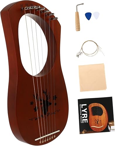 Totority Arpa de lira de 7 notas con llave de afinación, instrumento de lira de madera, arpa de lira estilo antiguo, arpa de lira de mano,