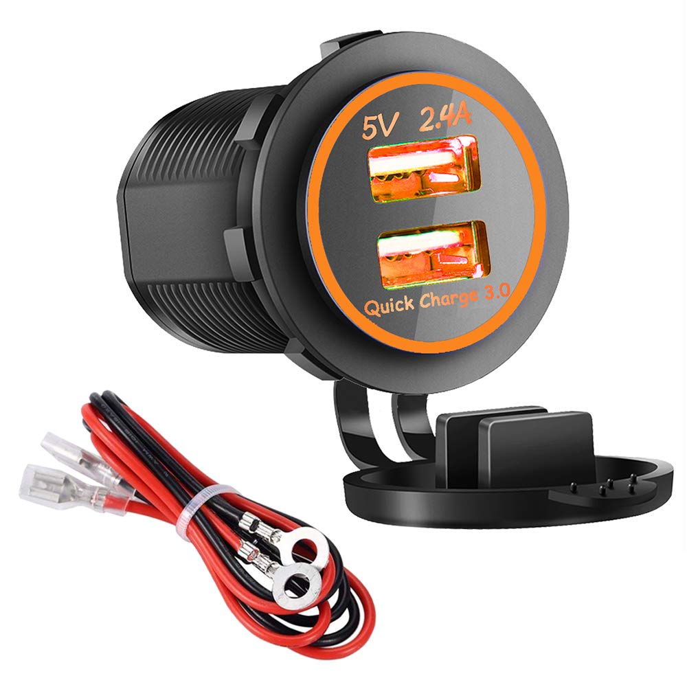 Dual USB Charger Socket Power Outlet - Quick Charge 3.0 & 2.4A Port for Car Boat Marine Rv Mobile with Wire Fuse DIY Kit (QC 3.0 - Orange)