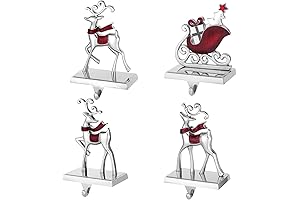 Stocking Hanger for Fireplace Mantle, Christmas stocking hanger reindeer and pine, Set of 4