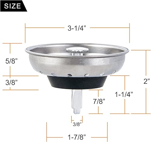 Miniatura 2 de Juego de 2 cestas de repuesto para fregadero de cocina y tapón para drenaje estándar de 3-12 pulgadas, cesta de acero inoxidable con tapón de goma
