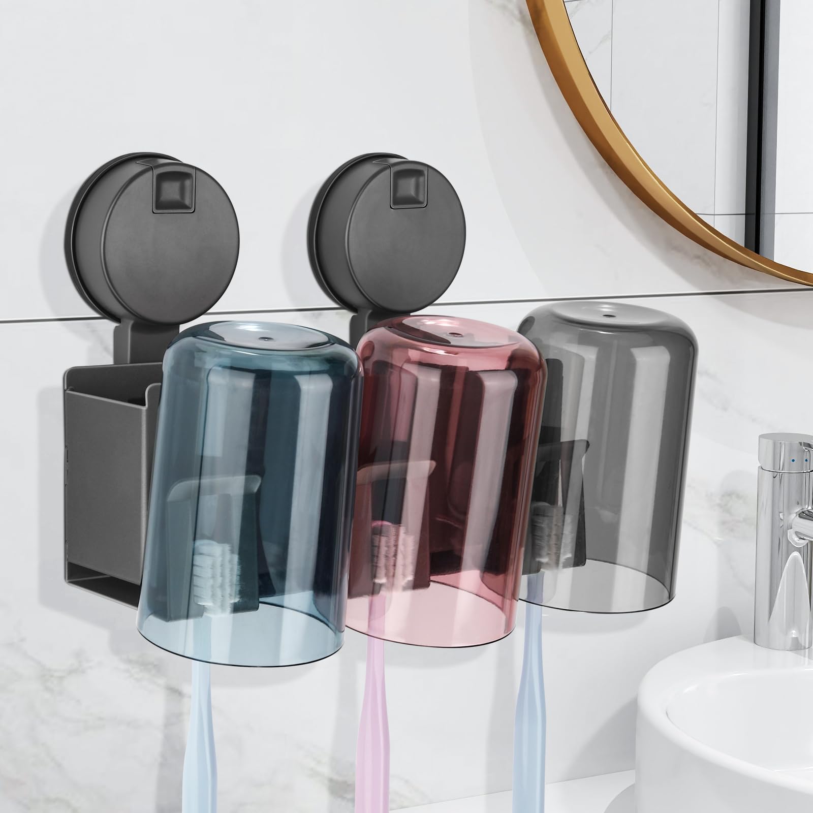 Euqvunn Toothbrush Holder Wall Mounted with Suction Cup, No Drill Aluminium Alloy Toothbrush Stand, 3 Slots & 3 Compartments for Electric Toothbrush, Toothpaste & Razor, Includes 3 Cups, Black