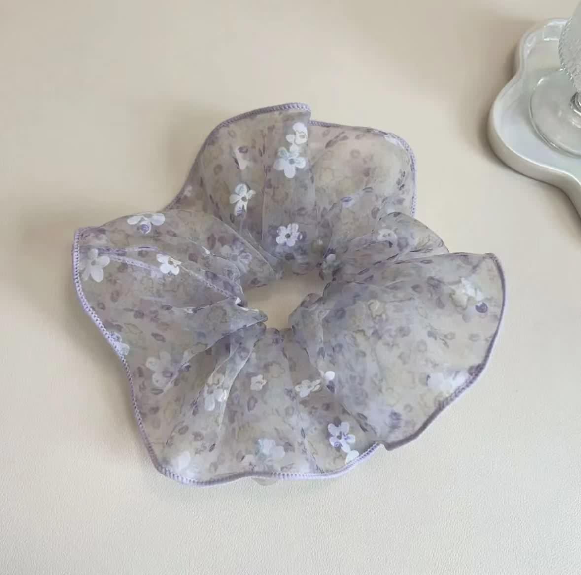 Set di 5 elastici per capelli con fiocco, motivo floreale, in chiffon di alta qualità, da donna, contro l'effetto crespo e la rottura dei capelli