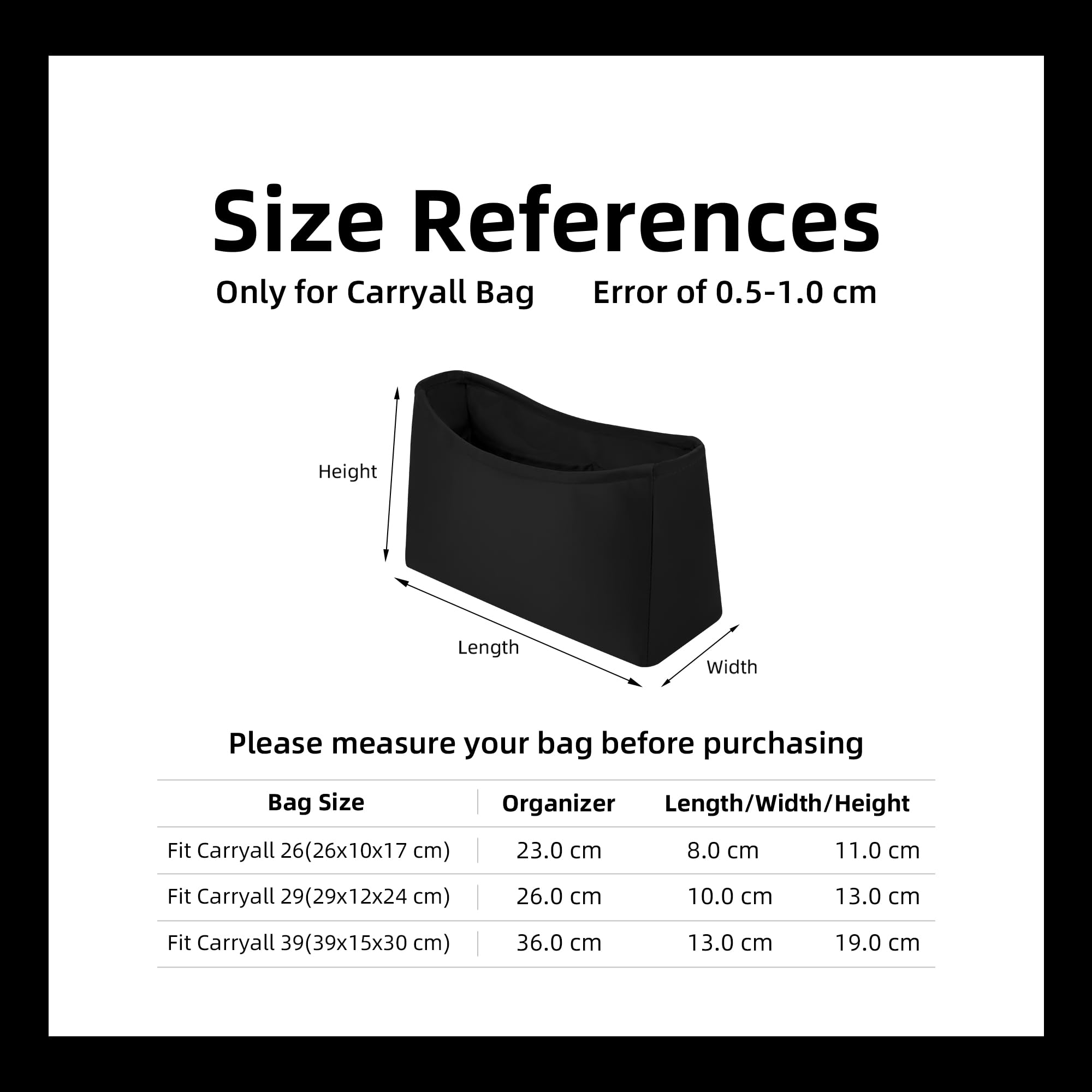 DGAZ Organizador de Bolso de Seda Premium, Inserto Ligero para Carryall PM/MM, Forro Interior Elegante que Protege y Organiza (Noir, Carryall MM)