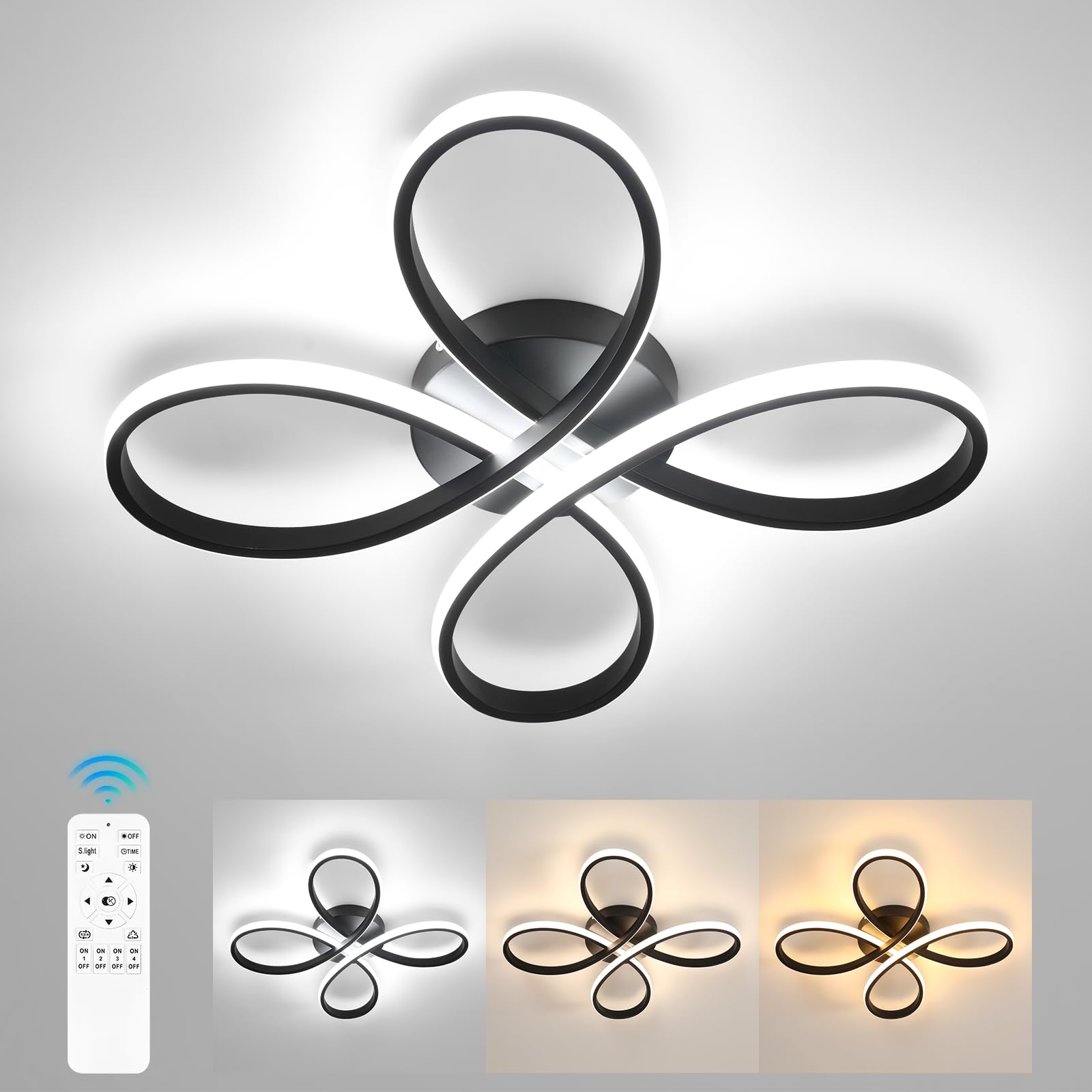Comely Lámpara de Techo LED Regulable Moderna, 40W 4500LM 40cm 3000K-6500K Luz, Plafon LED Techo Forma Flor con Control Remoto para Dormitorio, Salon, Negro